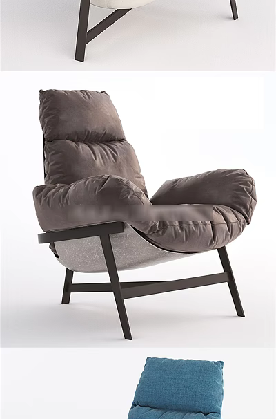 Modern Gray Single Sofa With Plush Velvet Cushions And Black Metal Frame 3d model