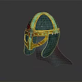 Ancient Green And Gold Decorative Helmet With Red Accents And Gold Trim