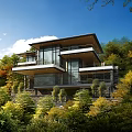 Modern Detached Villa with Large Glass Windows Stone Walls and Wooden Terrace in Wooded Mountains