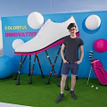 Colorful Innovative Photo Spot With Large White Shoe Golf Balls Clubs Pink Bag Green Grass