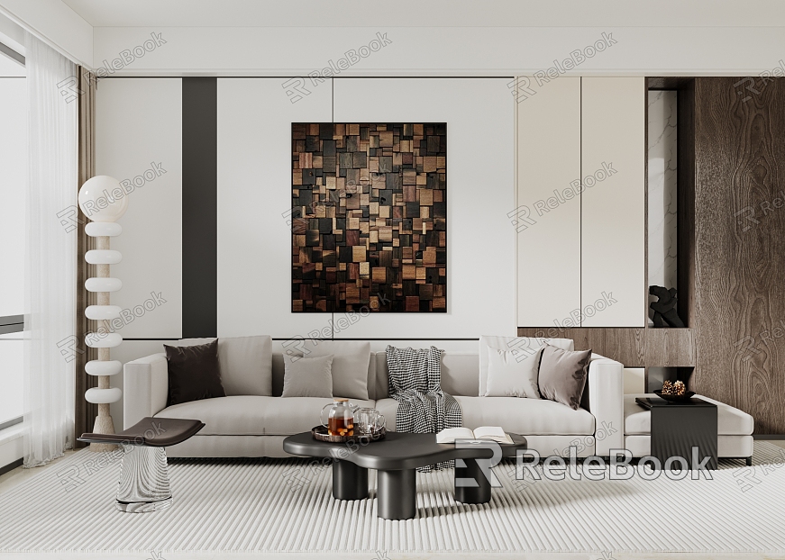 Living room sofa coffee table combination floor lamp decorative painting painting texture painting model