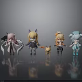 Cute Anime Style Character Figurines With Cat Ears Colored Hair And Small Dog