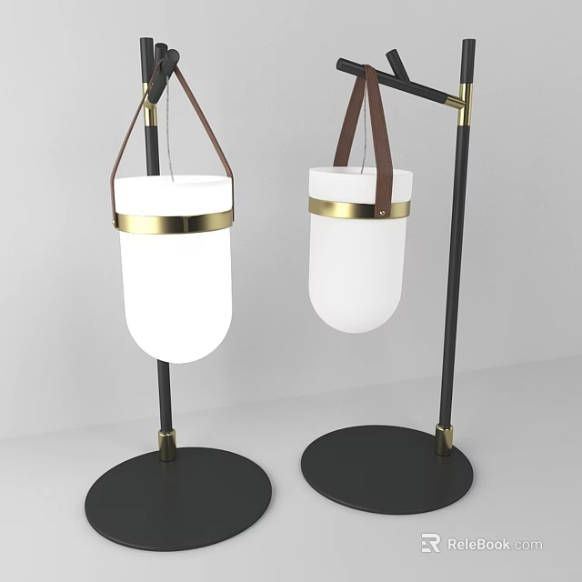 Two Modern Table Lamps With Black Base Gold Accents Brown Straps And White Lampshade 3d model 