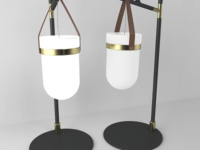 Two Modern Table Lamps With Black Base Gold Accents Brown Straps And White Lampshade 3d model