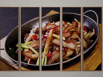 Stir Fried Chicken Feet With Chili Peppers Green Onions In Black Pan 3d model