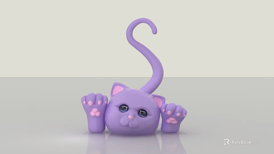Cute Purple Cat Figure With Curly Tail And Pink Paws On Smooth Surface 3d model 