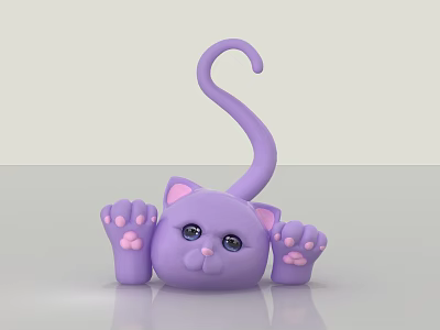 Cute Purple Cat Figure With Curly Tail And Pink Paws On Smooth Surface 3d model