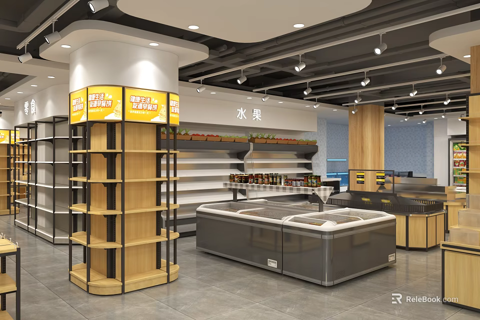 Supermarket Interior Featuring Fruit Section Refrigerated Counters Shelving Units And Lighting 3d model 