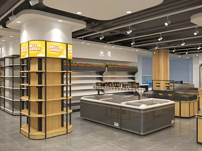 Supermarket Interior Featuring Fruit Section Refrigerated Counters Shelving Units And Lighting 3d model