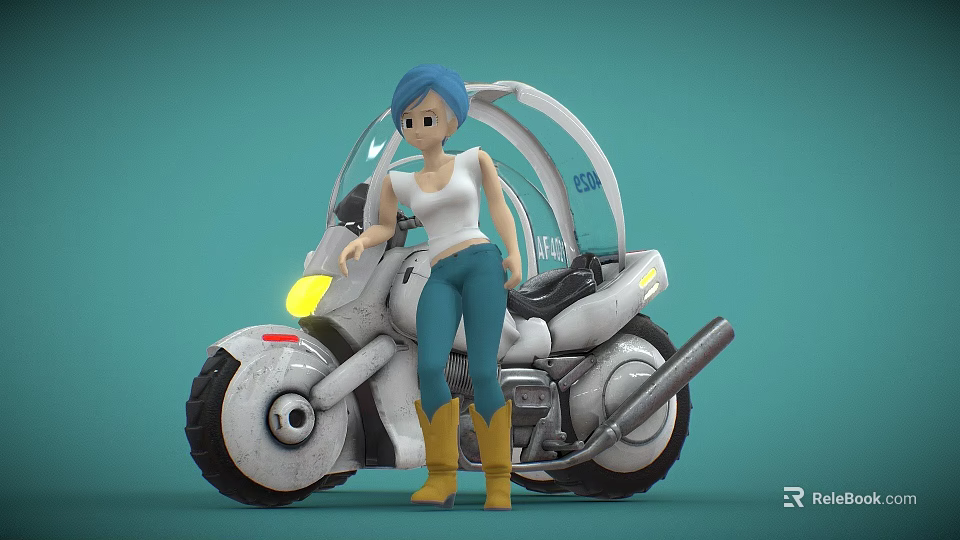 Futuristic Silver Motorcycle With Transparent Windshield And Blue Haired Woman Standing Beside 3d model 