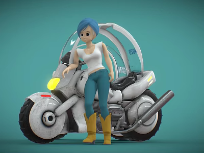 Futuristic Silver Motorcycle With Transparent Windshield And Blue Haired Woman Standing Beside 3d model
