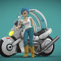 Futuristic Silver Motorcycle With Transparent Windshield And Blue Haired Woman Standing Beside