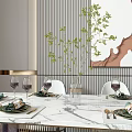 Modern Restaurant Interior With Dining Table Blue Beige Chairs Decorative Art And Green Plants