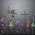 Laboratory Equipment Setup With Flask Beaker Test Tubes Stand And Colored Liquids
