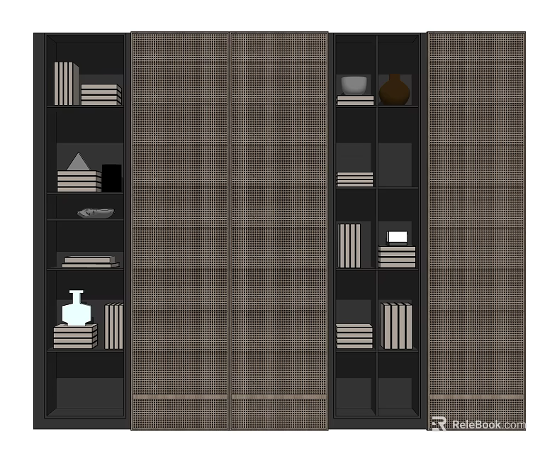 Dark Modern Bookcase With Grid Design Multiple Shelves Holding Books And Decorative Pieces 3d model 