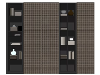 Dark Modern Bookcase With Grid Design Multiple Shelves Holding Books And Decorative Pieces 3d model