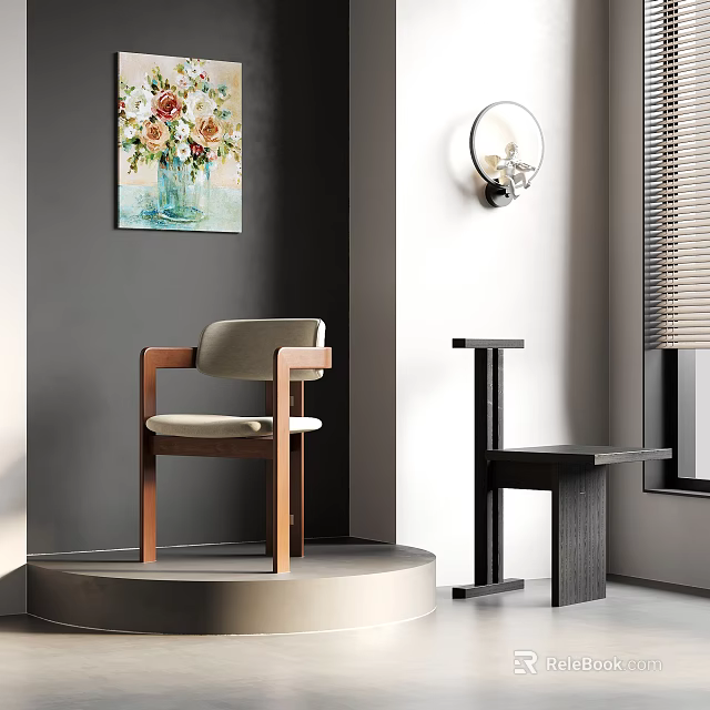 Modern Interior Featuring Wooden Chair Side Table Artwork And Wall Lamp 3d model 
