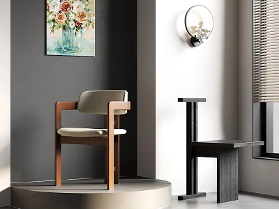 Modern Interior Featuring Wooden Chair Side Table Artwork And Wall Lamp 3d model