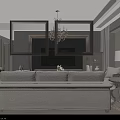 Elegant Living and Dining Room Interior With White Sofa Coffee Table And Chandelier
