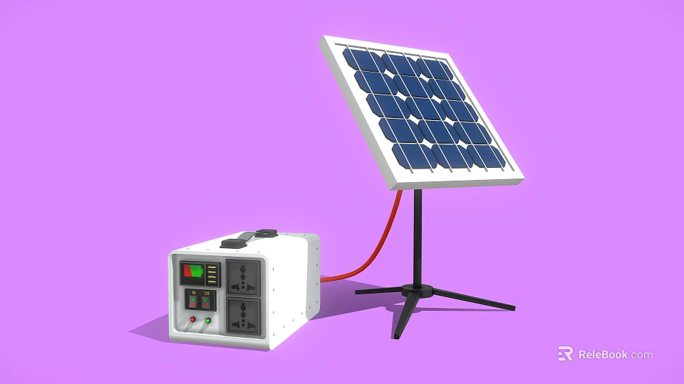 Solar Panel Mounted on Tripod Stand Connected via Red Cable to Power Device 3d model