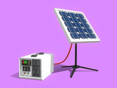 Solar Panel Mounted on Tripod Stand Connected via Red Cable to Power Device 3d model