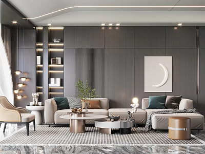 Modern Living Room Interior Design With Beige Sofa Pillows Coffee Table And Decorative Painting 3d model