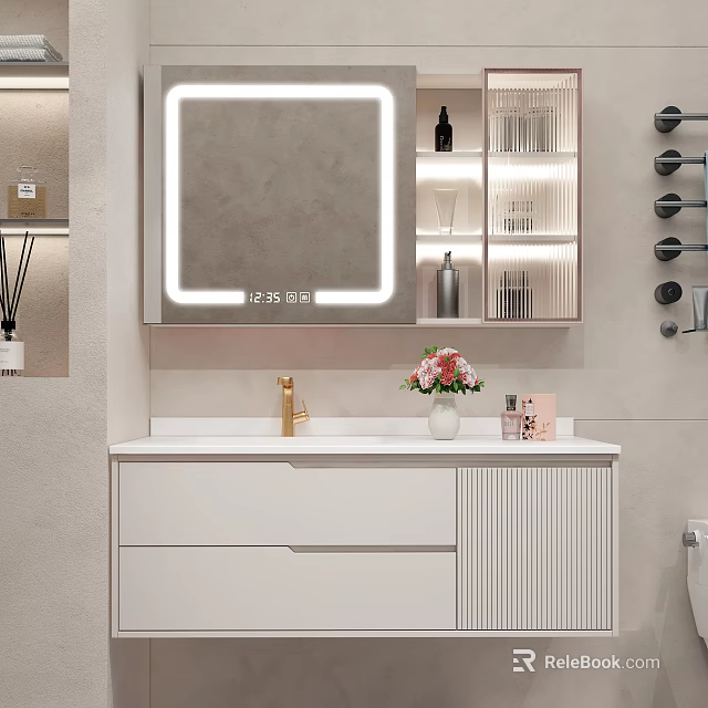 Modern White Bathroom Vanity With Gold Faucet Backlit Mirror Glass Shelves And Floral Vase 3d model 