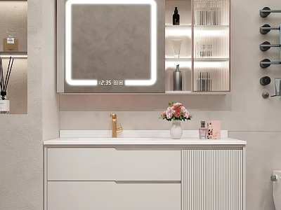 Modern White Bathroom Vanity With Gold Faucet Backlit Mirror Glass Shelves And Floral Vase 3d model