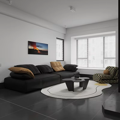 Modern Living Room With Black Sofa Brown Yellow Cushions And Coffee Table Set On White Rug 3d model