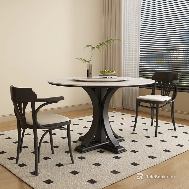 Elegant Round Table Chair Set With Black Frame Light Seats On Diamond Rug 3d model 