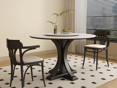 Elegant Round Table Chair Set With Black Frame Light Seats On Diamond Rug 3d model