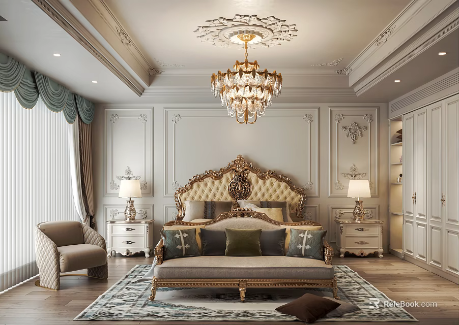 Luxurious Bedroom Interior Design With Crystal Chandelier Ornate Ceiling And Gold Accent Headboard 3d model 