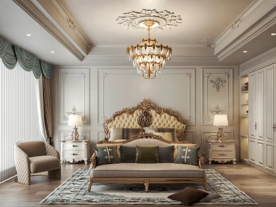 Luxurious Bedroom Interior Design With Crystal Chandelier Ornate Ceiling And Gold Accent Headboard 3d model
