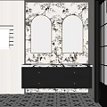 Elegant Bathroom Vanity With Double Mirrors Decorative Wall Marble Countertop And Black Drawer Cabinet