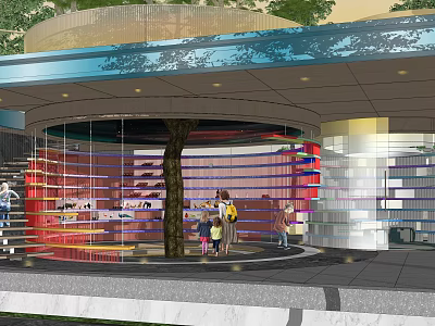 Modern Pergola With Glass Curtain Walls Surrounded By Trees Where People Gather In Urban Space 3d model
