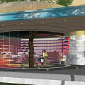 Modern Pergola With Glass Curtain Walls Surrounded By Trees Where People Gather In Urban Space