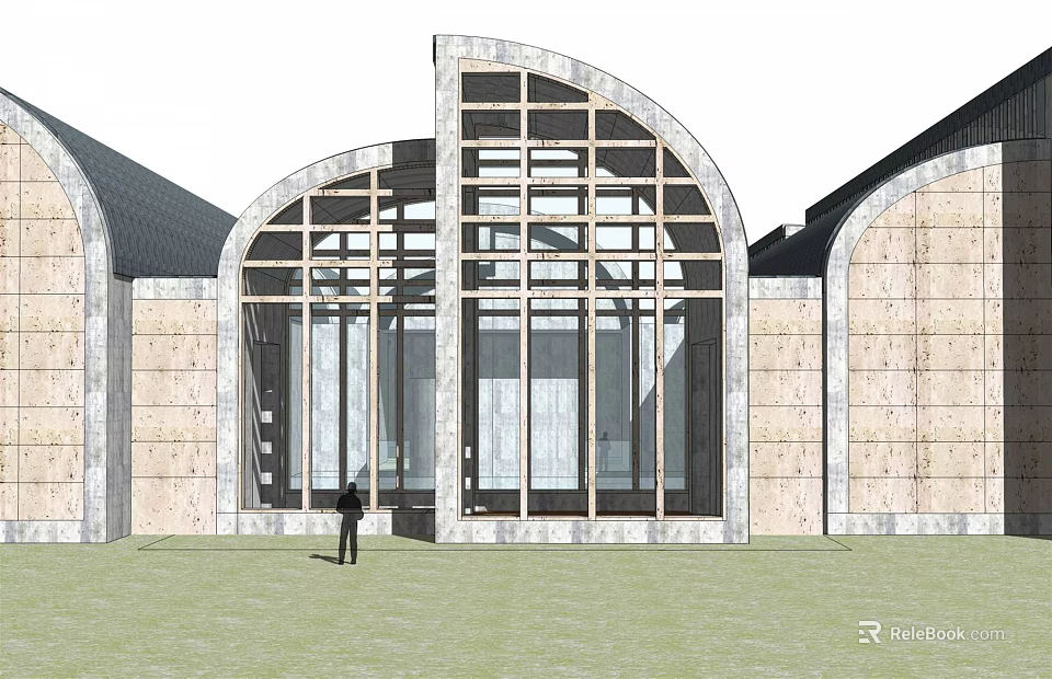 Modern Museum Building With Arched Design Large Glass Windows And Stone Exterior 3d model 