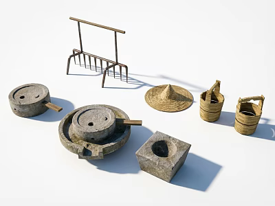 Traditional Agricultural Equipment Display With Millstone Rake Straw Hat Baskets And Stone Mortar 3d model