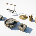 Traditional Agricultural Equipment Display With Millstone Rake Straw Hat Baskets And Stone Mortar