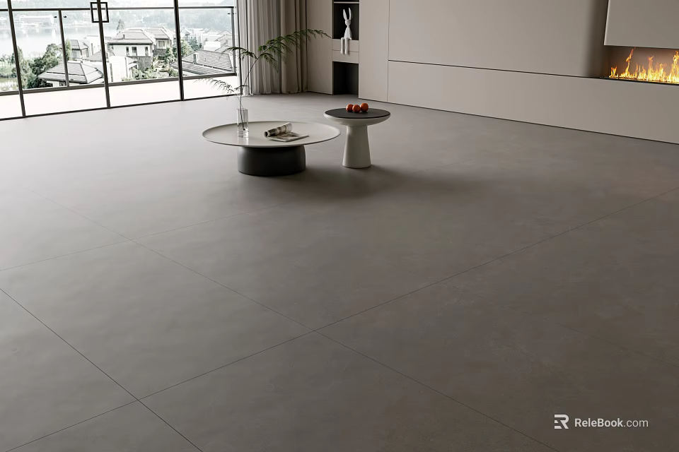 Light Gray Floor Tiles In Modern Living Room With Large Windows 3d model 