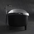 Modern Freestanding Bathtub With Black And White Design And Metal Faucet On Gray Wall Background