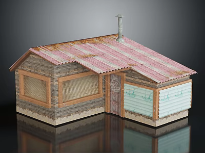 Small House Model With Pink Gray Corrugated Iron Roof Wooden Walls Grilled Windows And Chimney 3d model