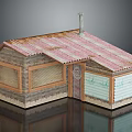 Small House Model With Pink Gray Corrugated Iron Roof Wooden Walls Grilled Windows And Chimney
