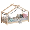 Cozy Wooden Kids Bed With House Shaped Frame String Lights And Colorful Pillows