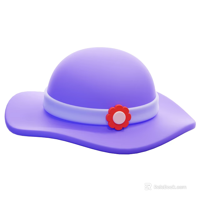 Stylish Purple Hat With White Band And Red Flower Decoration 3d model 