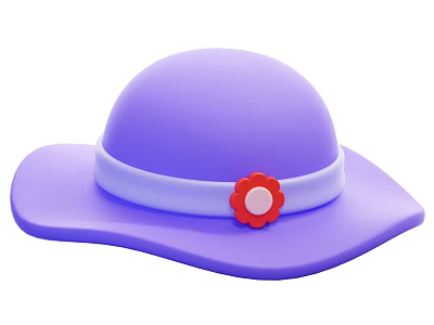 Stylish Purple Hat With White Band And Red Flower Decoration 3d model