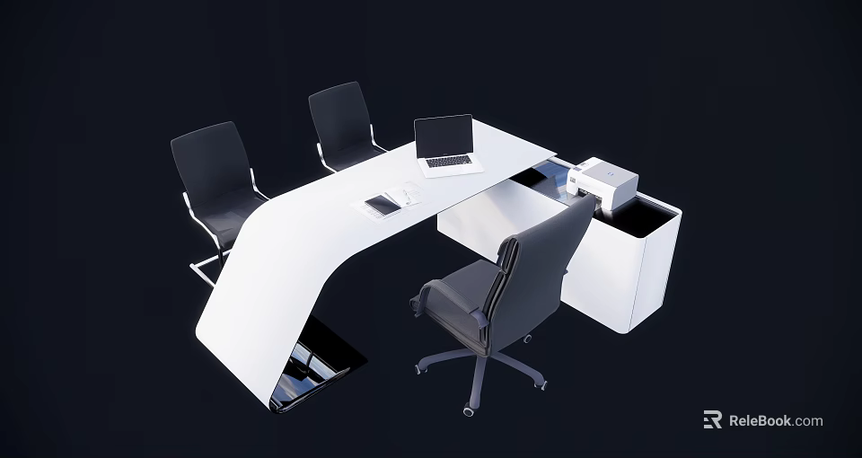 Modern White Office Desk With Laptop Chairs And Storage Compartments 3d model 