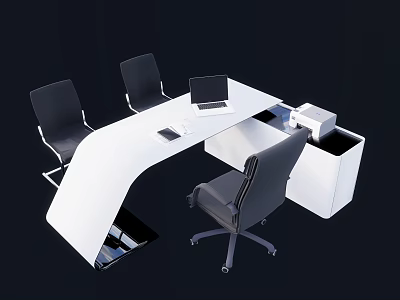 Modern White Office Desk With Laptop Chairs And Storage Compartments 3d model