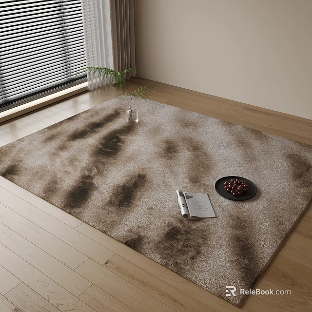 Modern Square Rug Beige and Dark Brown with Vase Magazine Berry Plate on Wooden Floor 3d model 