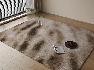Modern Square Rug Beige and Dark Brown with Vase Magazine Berry Plate on Wooden Floor 3d model